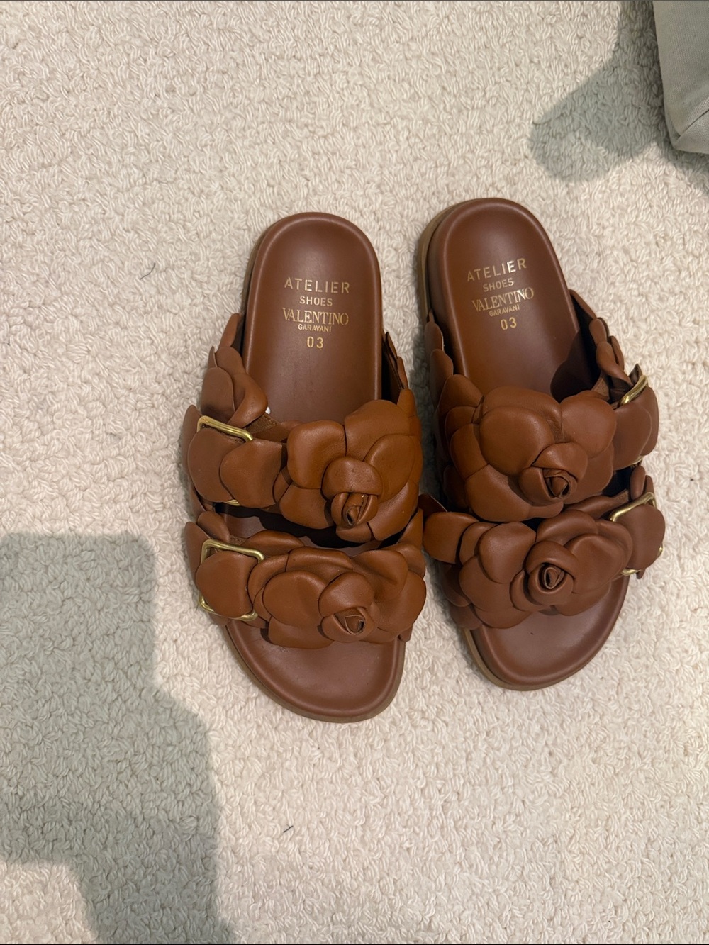 Valentino Brown Leather Floral Double-Strap Slide Mules